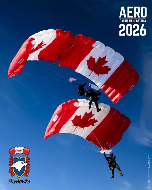 🪂 Annonce de participant 🪂

Les SkyHawks des Forces armées canadiennes seront de retour au spectacle aérien Aero Gatineau-Ottawa 2026 !

Depuis plus de 55 ans, les SkyHawks émerveillent les foules avec leurs formations spectaculaires en parachute et leurs démonstrations de parachutisme de précision. Levez les yeux vers le ciel pour admirer leur descente dynamique — mettant en vedette leur emblématique parachute au drapeau canadien.

Une performance favorite du public à ne pas manquer !

– 

🪂 Performer Announcement 🪂

The Canadian Armed Forces SkyHawks are returning to the 2026 Aero Gatineau-Ottawa Airshow!

For more than 55 years, the SkyHawks have thrilled audiences with spectacular parachute formations and precision skydiving demonstrations. Look to the skies as the team descends in a dynamic display—featuring their iconic Canadian flag parachute.

You won’t want to miss this fan-favourite performance!

#aerogatineauottawa2026 #skyhawks