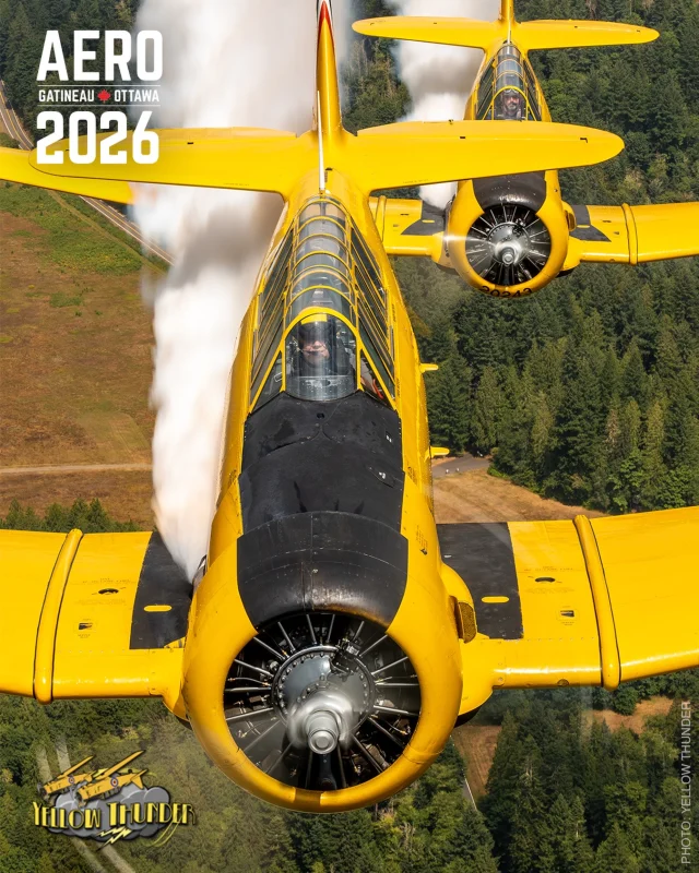 ⚡ Annonce de participant ⚡

L’équipe acrobatique Yellow Thunder sera au spectacle aérien Aero Gatineau-Ottawa 2026 ! ✈️

Les frères David et Drew Watson émerveillent le public à travers l’Amérique du Nord avec leurs performances acrobatiques en formation, de jour comme de nuit. David pilote un Harvard Mk4 construit à Thunder Bay en 1952, tandis que Drew est aux commandes d’un Harvard Mk IIb construit pour l’Aviation royale canadienne en 1942. Ensemble, ils apportent précision, histoire et sensations fortes dans le ciel !

✈️ Avion : Harvard
🚀 Vitesse maximale : 290 km/h

–

⚡ Performer Announcement ⚡

The Yellow Thunder Harvard aerobatic team is coming to the 2026 Aero Gatineau-Ottawa Airshow! ✈️

Brothers David and Drew Watson dazzle audiences across North America with their day and night formation aerobatic performances. David flies a Harvard Mk4 built in Thunder Bay in 1952, while Drew pilots a Harvard Mk IIb built for the RCAF in 1942. Together, they bring precision, history, and high-flying excitement to the skies!

✈️ Aircraft: Harvard
🚀 Max speed: 290 km/h

#aerogatineauottawa2026 #yellowthunder