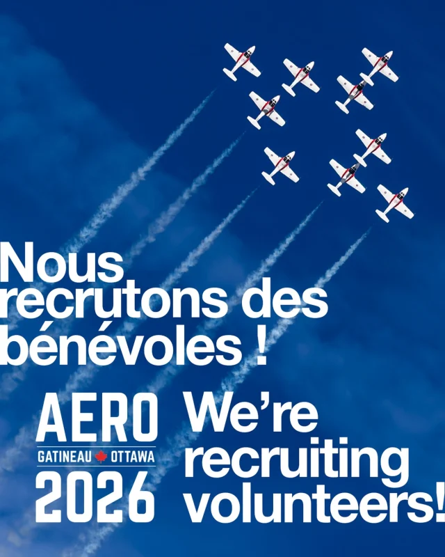 📣 DERNIER APPEL ! Le 31 août est la dernière journée pour vous joindre à notre équipe de bénévoles pour le spectacle aérien de cette année. Si vous voulez faire partie de l’action, inscrivez-vous dès aujourd’hui sur notre site web !
https://aerogatineauottawa.com/fr/benevoles/
14 ans et +

📣 LAST CALL! August 31 is the last day to join our team of volunteers for this year’s airshow. If you want to be part of the excitement, apply today via our website!
https://aerogatineauottawa.com/volunteers/ 
Must be 14+