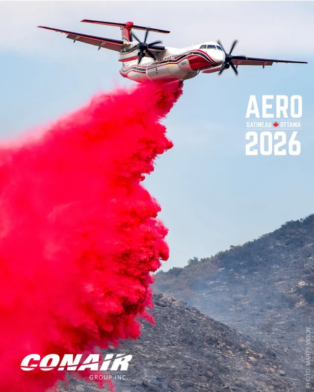 Nous sommes ravis d’annoncer que l’avion-citerne Dash 8-400AT de Conair démontrera pourquoi il est considéré comme l’un des meilleurs avions de lutte contre les incendies au monde en effectuant un largage d’eau sur l’aérodrome lors d’AERO Gatineau-Ottawa 2026.
—
We’re excited to announce that the Conair Dash 8-400AT airtanker will demonstrate what makes it one of the leading firefighting aircraft in the world as it performs a water drop on the airfield at AERO Gatineau-Ottawa 2026.

#aerogatineauottawa2026