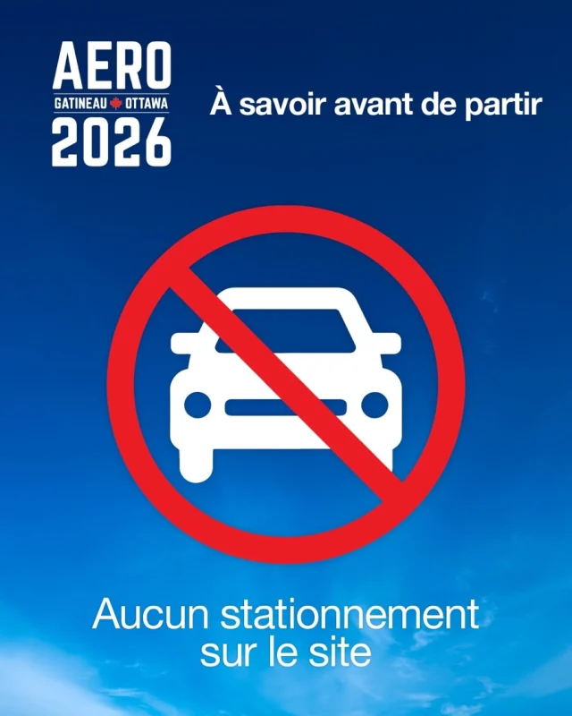 📣 À savoir avant de partir 📣 
RAPPEL : Aucun stationnement sur le site n’est prévu pour les détenteurs de billets d’admission générale. Garez-vous dans un parc de stationnement désigné et prenez la navette gratuite pour vous rendre au spectacle, ou prenez gratuitement la STO ! 
👉 Plus d’information: https://aerogatineauottawa.com/fr/informations-sur-le-stationnement/
—
📣 Know Before You Go! 📣
REMINDER: No onsite parking is available for General Admission ticketholders.
Park at a designated lot and take the free shuttle to the show, or ride STO for free!
👉 More information: https://aerogatineauottawa.com/parking-information/