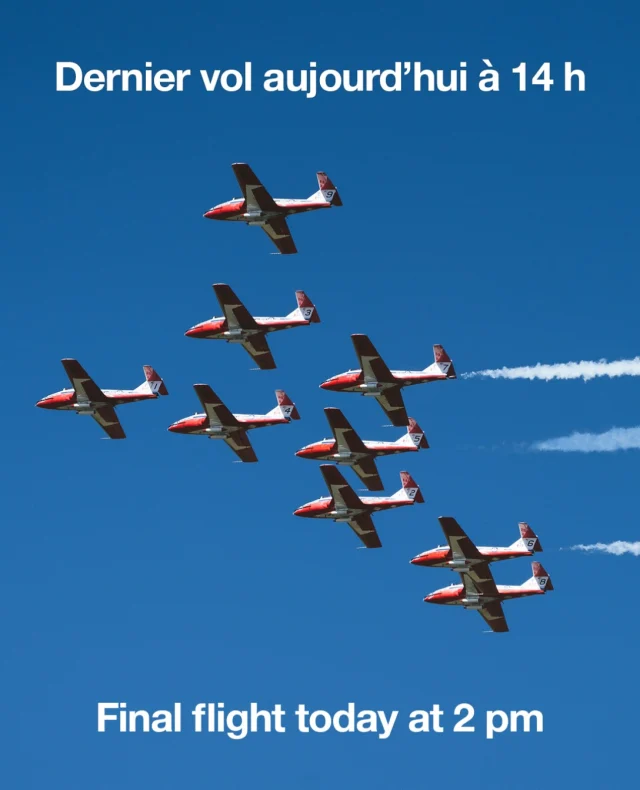 La prestation d’adieu des Snowbirds des Forces canadiennes aura lieu aujourd’hui à 14 h. Nous serons au rendez-vous pour la regarder en direct grâce au lien ci-dessous et pour rendre hommage au talent exceptionnel, au dévouement et à la passion de toutes les personnes qui ont fait des Snowbirds une véritable icône canadienne.

Regardez la prestation en direct ici : https://www.facebook.com/CFSnowbirdsFC
—
The Canadian Forces Snowbirds farewell performance takes place today at 2 pm. We will be watching them live at the link below and remembering the incredible talent, dedication and passion of all of who made the Snowbirds a Canadian icon.

Watch here:  https://www.facebook.com/CFSnowbirdsFC